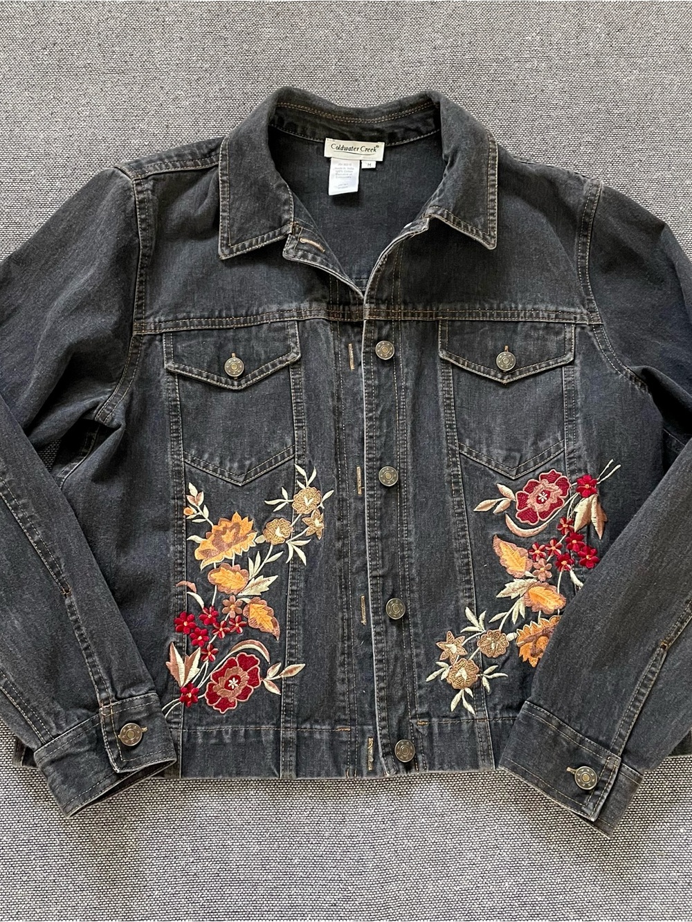 Coldwater Creek Black Denim Jacket with Floral Embroidery